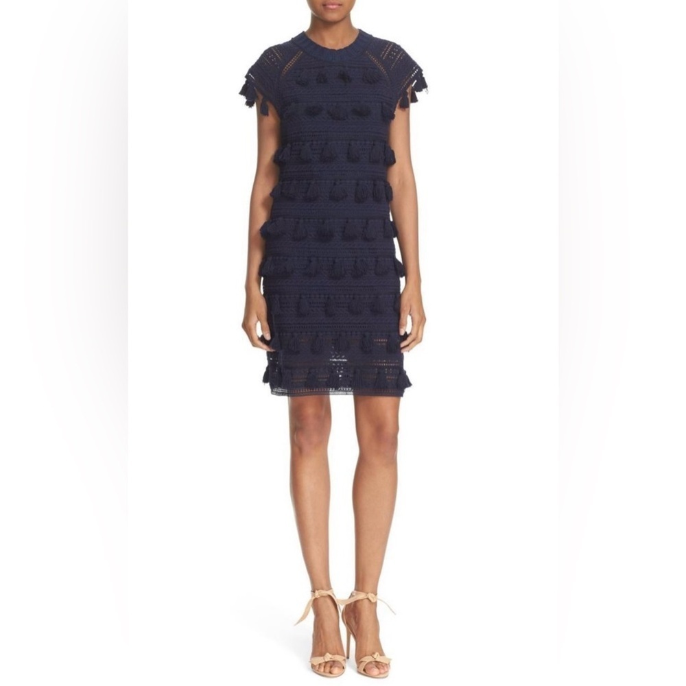 GUC Sea New York- Navy Blue Rib Crochet Tassel Knit Dress. Size 0
